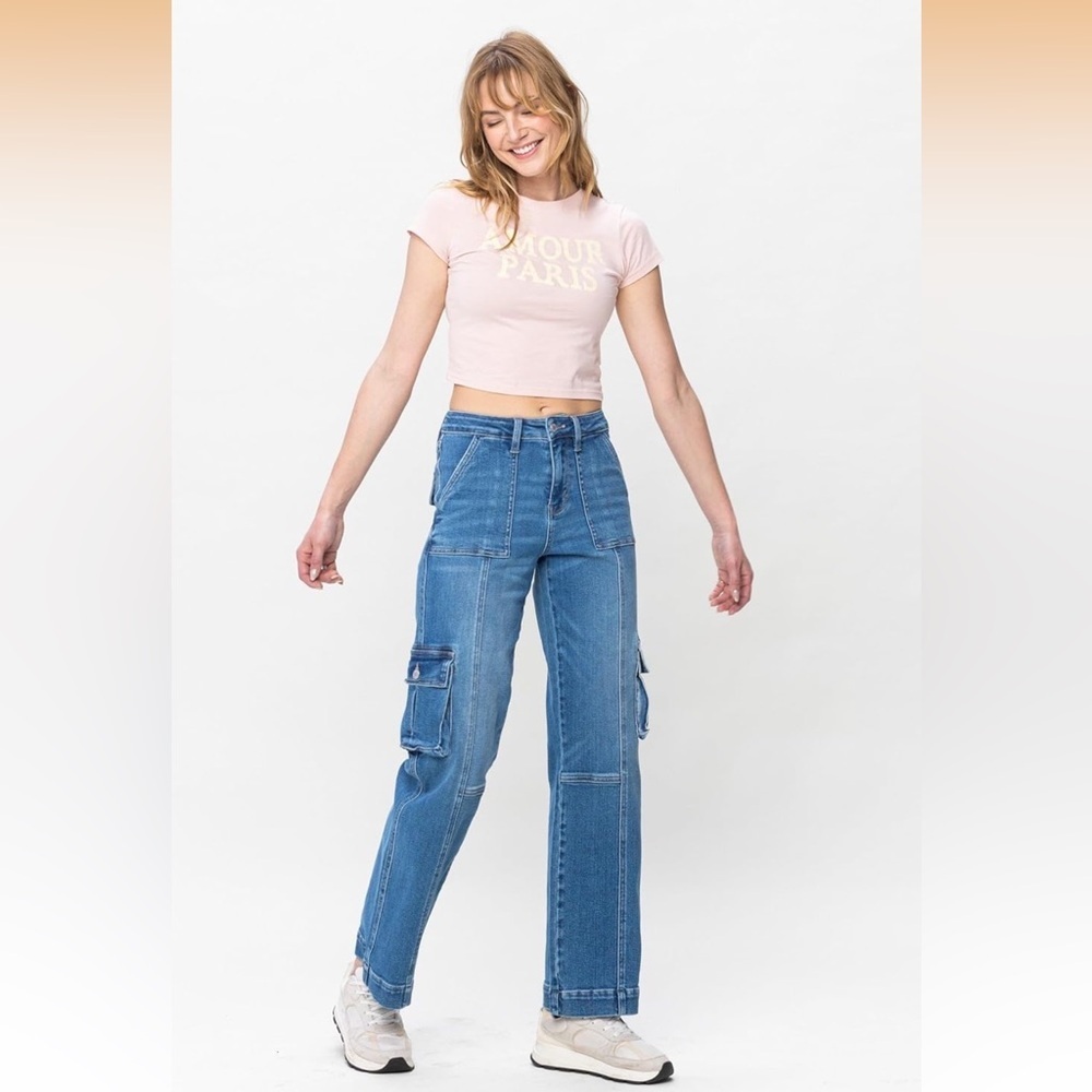 Judy Blue High Waist Wide Leg Denim Cargo Jeans 88724 size 11 - Picture 5 of 7